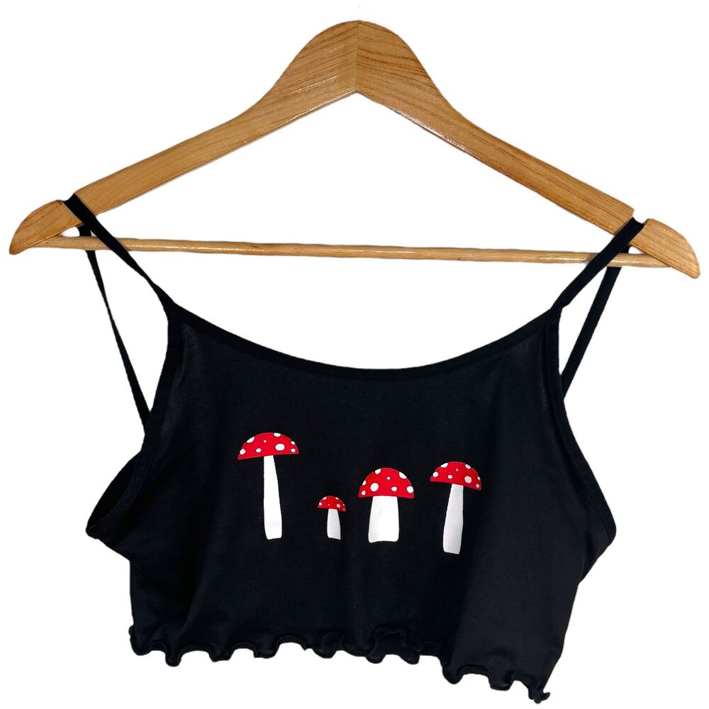 Black Mushroom Crop Tank Top Y2K Lettuce Hem Grunge